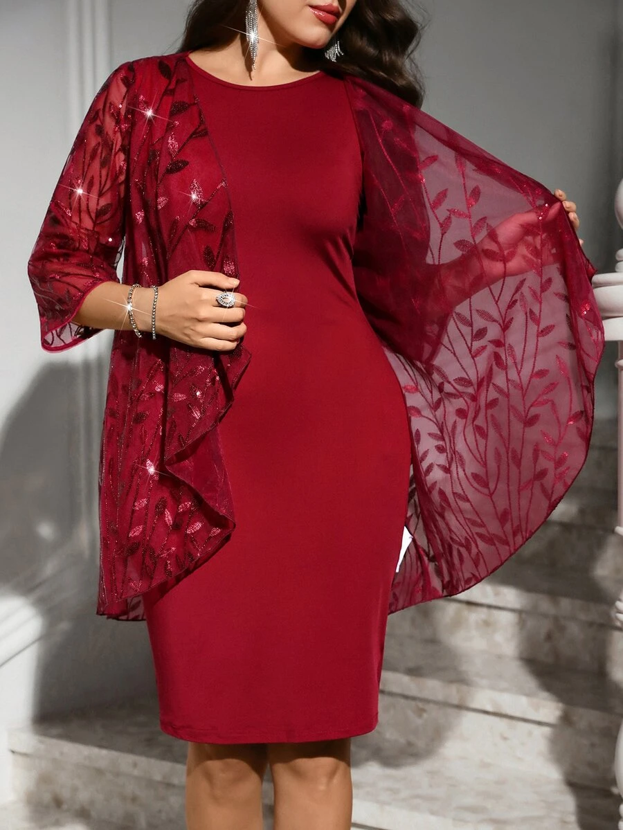 Reflora Elegant Plus-Size Women's Two-Piece Set: Burgundy Color-Block Sequin Cardigan (Leaf Pattern) And Stretchy Bodycon Dress – Perfect For Parties Fall