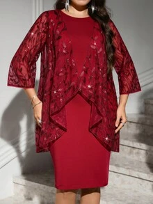 Reflora Elegant Plus-Size Women's Two-Piece Set: Burgundy Color-Block Sequin Cardigan (Leaf Pattern) And Stretchy Bodycon Dress – Perfect For Parties Fall - Red - View 3