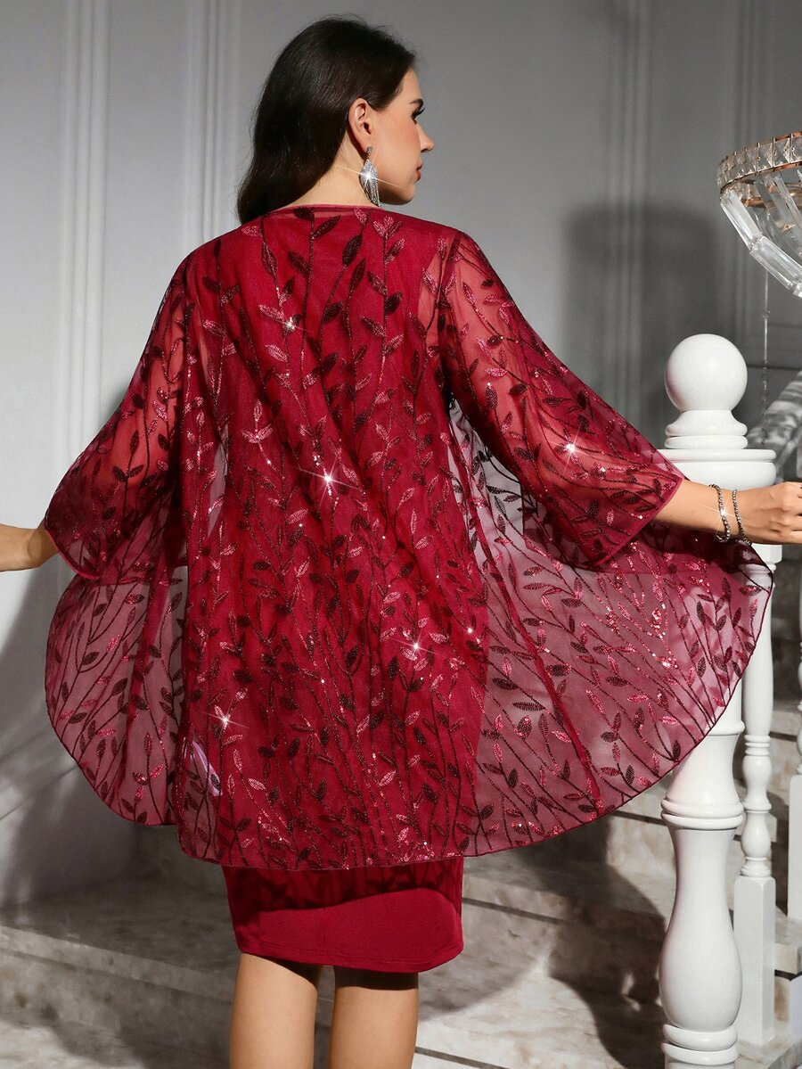 Reflora Elegant Plus-Size Women's Two-Piece Set: Burgundy Color-Block Sequin Cardigan (Leaf Pattern) And Stretchy Bodycon Dress – Perfect For Parties Fall