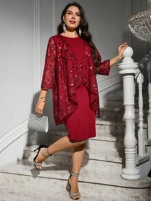 Reflora Elegant Plus-Size Women's Two-Piece Set: Burgundy Color-Block Sequin Cardigan (Leaf Pattern) And Stretchy Bodycon Dress – Perfect For Parties Fall - Red - View 5