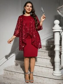 Reflora Elegant Plus-Size Women's Two-Piece Set: Burgundy Color-Block Sequin Cardigan (Leaf Pattern) And Stretchy Bodycon Dress – Perfect For Parties Fall - Red - View 8