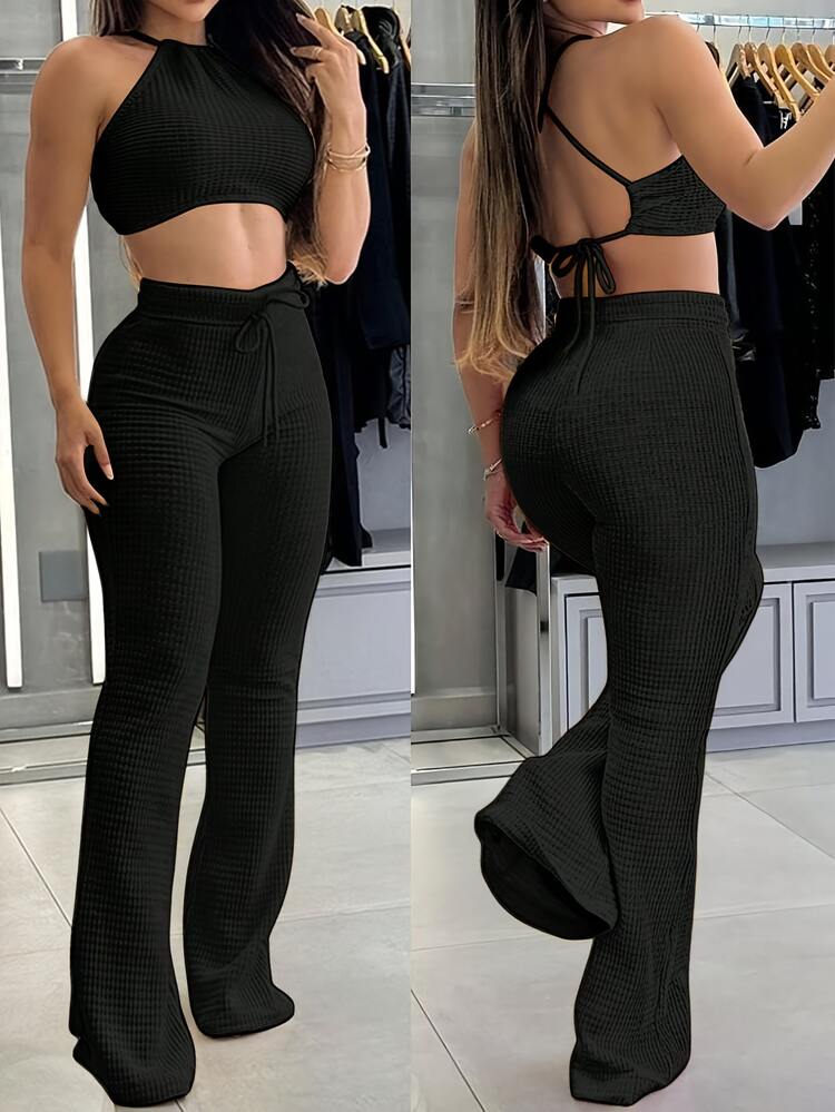 EMERY ROSE Casual Sexy Vacation Halter Backless Tie Strap Tank Top And Flare Leg Pants 2 Pieces Set Club Going Out Black Summer - Black - View 3