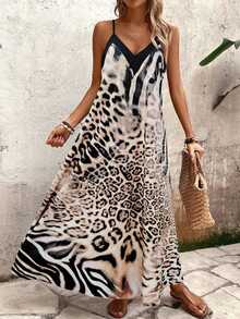 EMERY ROSE Women Leopard Print Sleeveless Dress, Casual Boho Holiday Dress Maxi Beach Holiday Vacation Outfit Black Summer - Multicolor - View 4