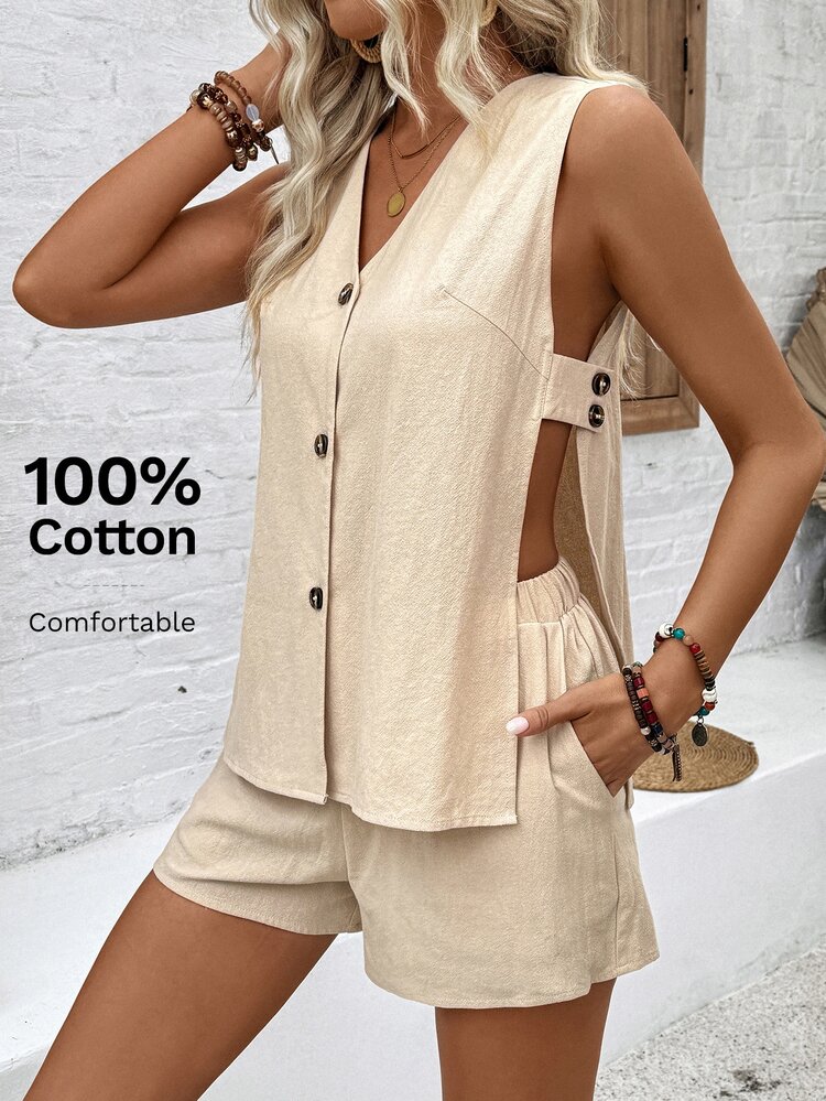 EMERY ROSE Ladies' Solid Color V-Neck Hollow Out Sleeveless Top And Pocketed Shorts, Summer Casual 2pcs Outfit - Khaki - View 7