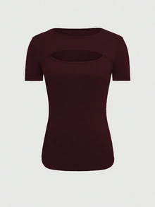 EMERY ROSE Women's Summer Solid Color Slim Fit Round Neck Hollow Out Short Sleeve T-Shirt - Burgundy - View 4
