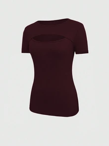 EMERY ROSE Women's Summer Solid Color Slim Fit Round Neck Hollow Out Short Sleeve T-Shirt - Burgundy - View 5