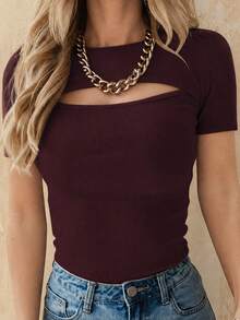 EMERY ROSE Women's Summer Solid Color Slim Fit Round Neck Hollow Out Short Sleeve T-Shirt - Burgundy - View 1