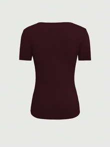 EMERY ROSE Women's Summer Solid Color Slim Fit Round Neck Hollow Out Short Sleeve T-Shirt - Burgundy - View 2