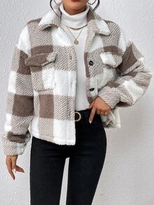 EMERY ROSE Chaqueta de forro polar con bolsillo con solapa a cuadros, informal, para otoño/invierno - Caqui - Ver 5