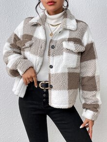 EMERY ROSE Chaqueta de forro polar con bolsillo con solapa a cuadros, informal, para otoño/invierno - Caqui - Ver 1