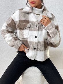 EMERY ROSE Chaqueta de forro polar con bolsillo con solapa a cuadros, informal, para otoño/invierno - Caqui - Ver 4