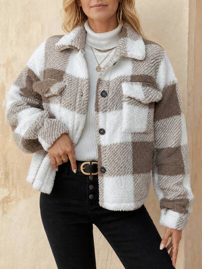 EMERY ROSE Giacca in pile casual con tasche con pattina a quadri, adatta per autunno/inverno