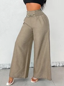 EMERY ROSE Women's Summer Casual Blue Metal Chain Loose Wide-Leg Pants Fall Cloth For Women - Mocha Brown - View 6