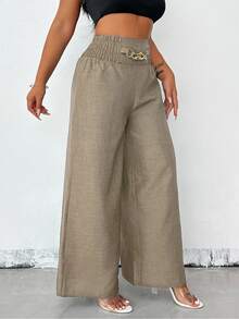 EMERY ROSE Women's Summer Casual Blue Metal Chain Loose Wide-Leg Pants Fall Cloth For Women - Mocha Brown - View 7