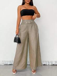 EMERY ROSE Women's Summer Casual Blue Metal Chain Loose Wide-Leg Pants Fall Cloth For Women - Mocha Brown - View 8