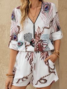 EMERY ROSE Loose Casual  Printed Vacation Women's 2pcs Set, Half-Zip Shirt And Shorts Fall Cloth For Women - Multicolor - View 1