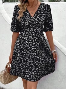 EMERY ROSE Women's Floral Print Strappy Waist-Cinched Sundress For Summer - Black - View 6
