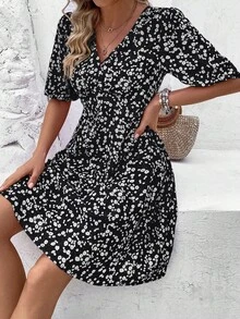EMERY ROSE Women's Floral Print Strappy Waist-Cinched Sundress For Summer - Black - View 5