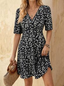 EMERY ROSE Women's Floral Print Strappy Waist-Cinched Sundress For Summer - Black - View 1