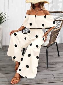 EMERY ROSE Women's Romantic Beach Vacation Polka Dot Print Off Shoulder Batwing Sleeve Cropped Top And Wide Leg Pants Set, Spring/Summer - Apricot - View 7