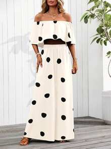 EMERY ROSE Women's Romantic Beach Vacation Polka Dot Print Off Shoulder Batwing Sleeve Cropped Top And Wide Leg Pants Set, Spring/Summer - Apricot - View 5