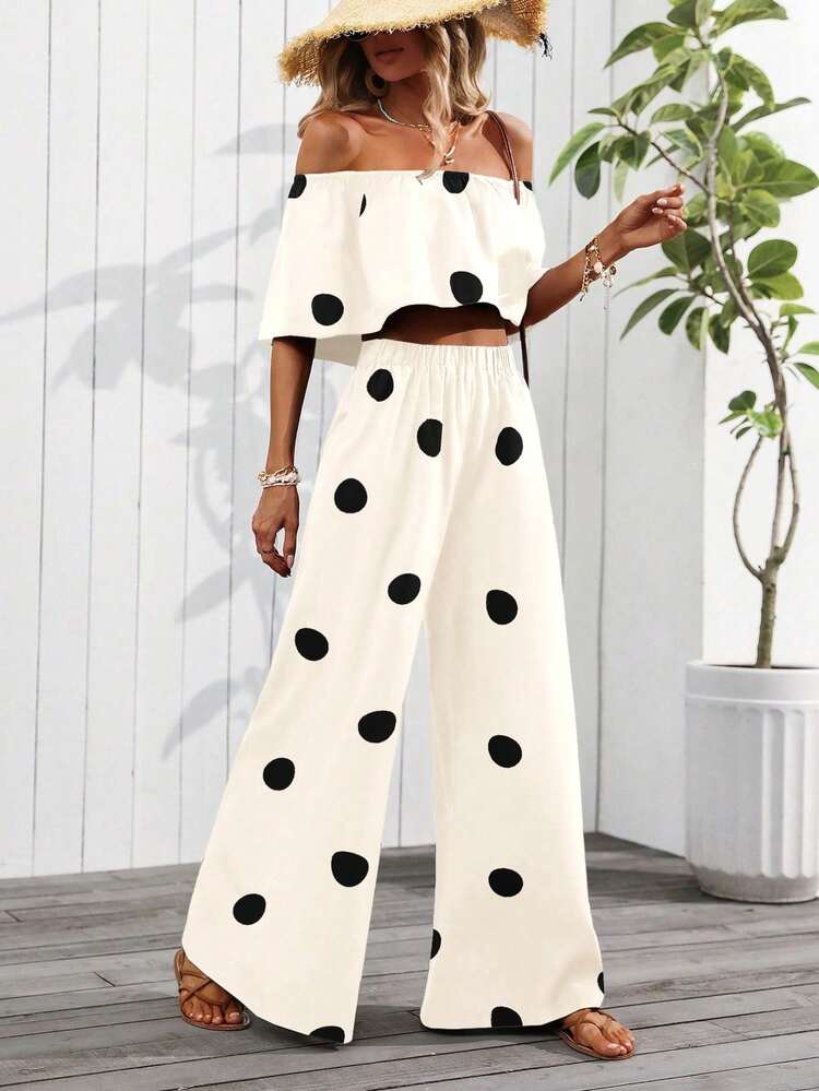 EMERY ROSE Setelan Atasan Crop Lengan Kelelawar Off Shoulder Motif Polkadot dan Celana Panjang Lebar untuk Liburan Pantai Romantis Wanita, Musim Semi/Panas - Aprikot - View 6