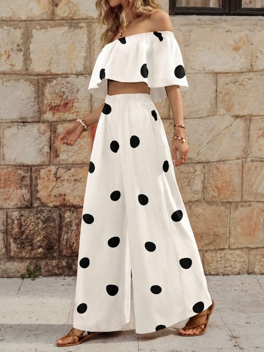 EMERY ROSE Women's Romantic Beach Vacation Polka Dot Print Off Shoulder Batwing Sleeve Cropped Top And Wide Leg Pants Set, Spring/Summer - Apricot - View 1