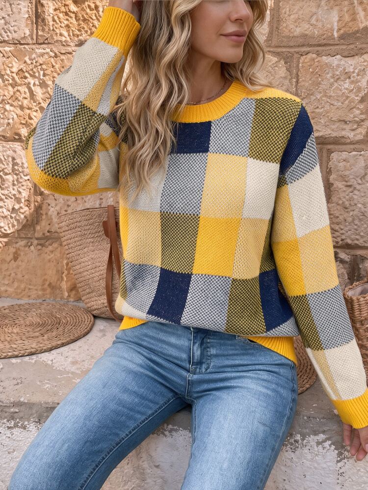 EMERY ROSE Women's Plaid Round Neck Drop Shoulder Long Sleeve Casual Pullover Sweater, Autumn/Winter Knit Pullover Fall - Yellow - View 3
