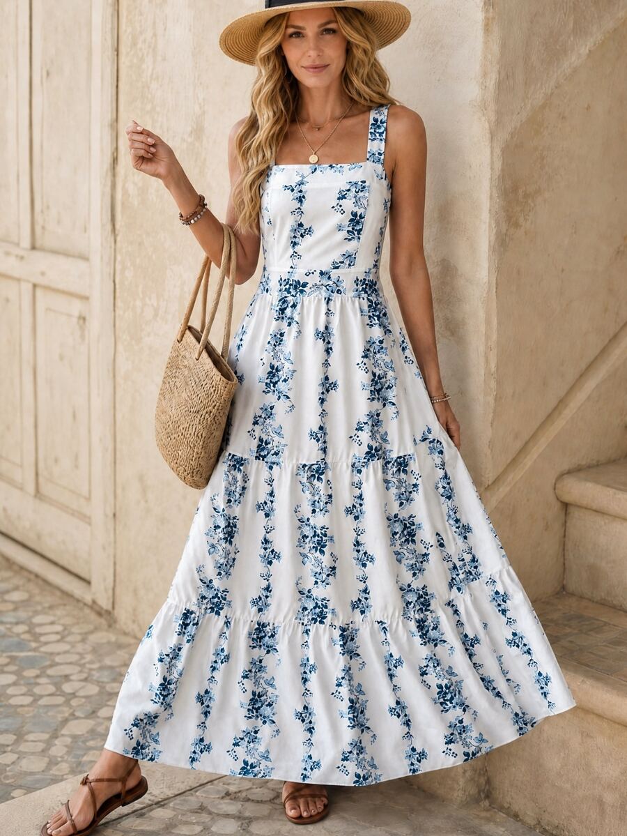 EMERY ROSE Women Blue & White Print Waist Design Casual Vacation Daily Office Wear Sleeveless Dress - Blue and White - View 1