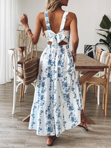 EMERY ROSE Women Blue & White Print Waist Design Casual Vacation Daily Office Wear Sleeveless Dress - Blue and White - View 2