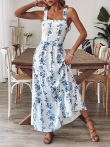 EMERY ROSE Women Blue & White Print Waist Design Casual Vacation Daily Office Wear Sleeveless Dress - Blue and White - View 7