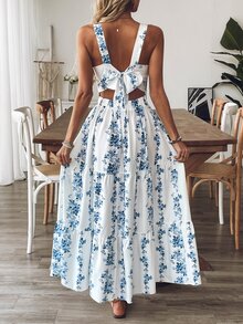 EMERY ROSE Women Blue & White Print Waist Design Casual Vacation Daily Office Wear Sleeveless Dress - Blue and White - View 5