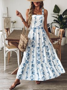 EMERY ROSE Women Blue & White Print Waist Design Casual Vacation Daily Office Wear Sleeveless Dress - Blue and White - View 4