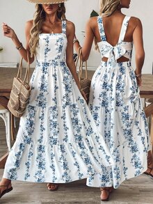 EMERY ROSE Women Blue & White Print Waist Design Casual Vacation Daily Office Wear Sleeveless Dress - Blue and White - View 3