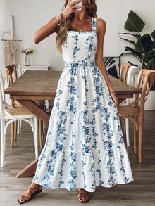 EMERY ROSE Women Blue & White Print Waist Design Casual Vacation Daily Office Wear Sleeveless Dress - Blue and White - View 8