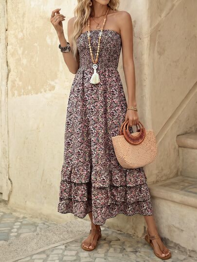 EMERY ROSE Women's Vacation Ditsy Floral Shirred Front Bandeau Mini Dress Beach Black Floral Summer Boho