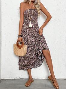 EMERY ROSE Women's Vacation Ditsy Floral Shirred Front Bandeau Mini Dress Beach Black Floral Summer Boho - Multicolor - View 7