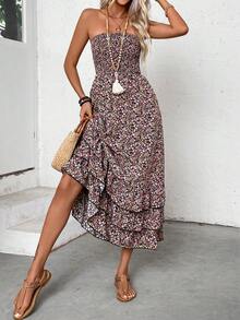 EMERY ROSE Women's Vacation Ditsy Floral Shirred Front Bandeau Mini Dress Beach Black Floral Summer Boho - Multicolor - View 6