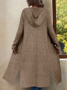 EMERY ROSE Dual Pocket Split Hem Hooded Duster Cardigan,Long Sleeve Tops Fall Winter Cloth For Women - Brown - View 2