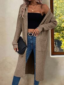 EMERY ROSE Dual Pocket Split Hem Hooded Duster Cardigan,Long Sleeve Tops Fall Winter Cloth For Women - Brown - View 4