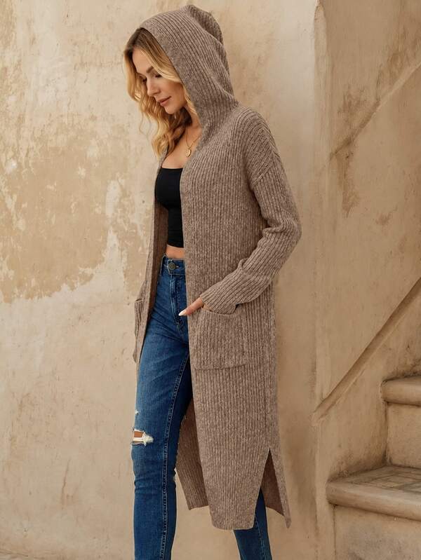 EMERY ROSE Dual Pocket Split Hem Hooded Duster Cardigan,Long Sleeve Tops Fall Winter Cloth For Women
