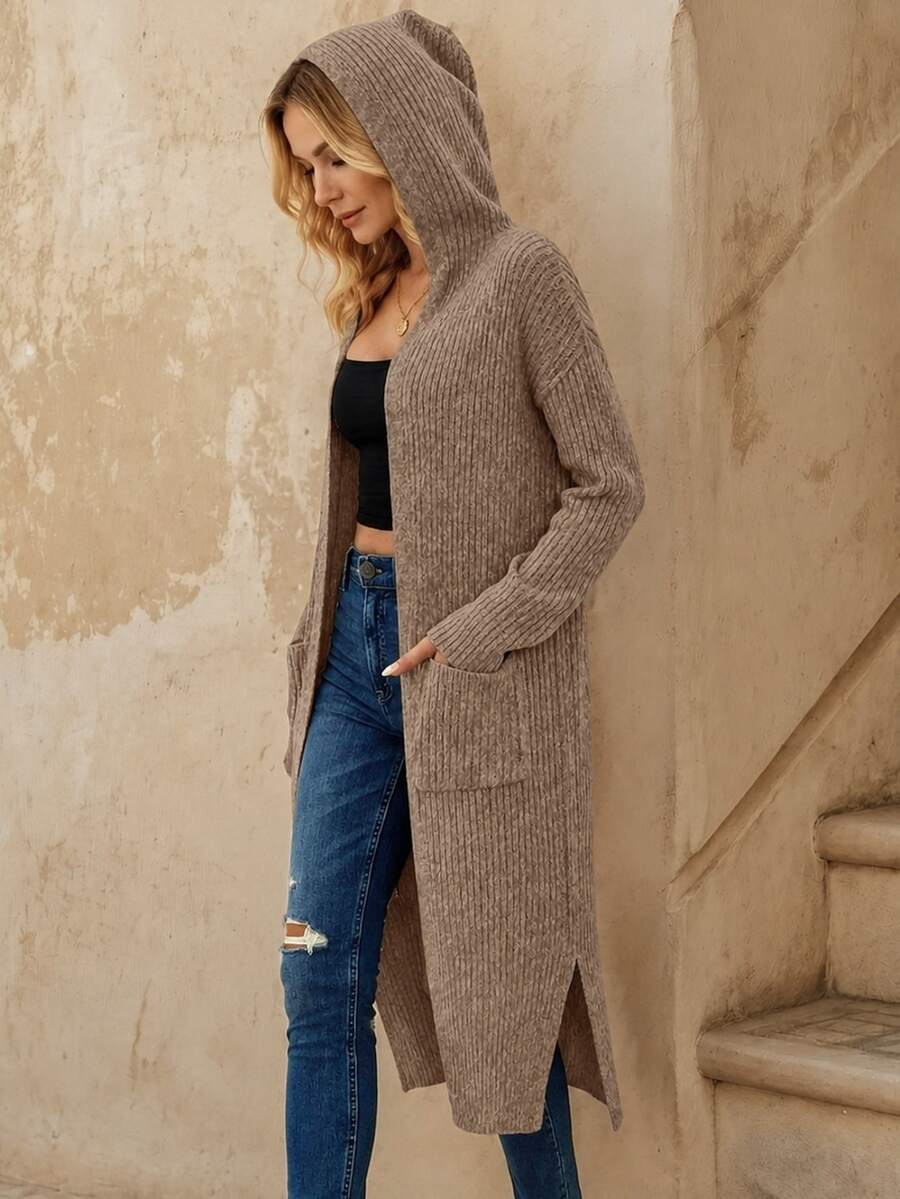 EMERY ROSE Dual Pocket Split Hem Hooded Duster Cardigan,Long Sleeve Tops Fall Winter Cloth For Women - Brown - View 1