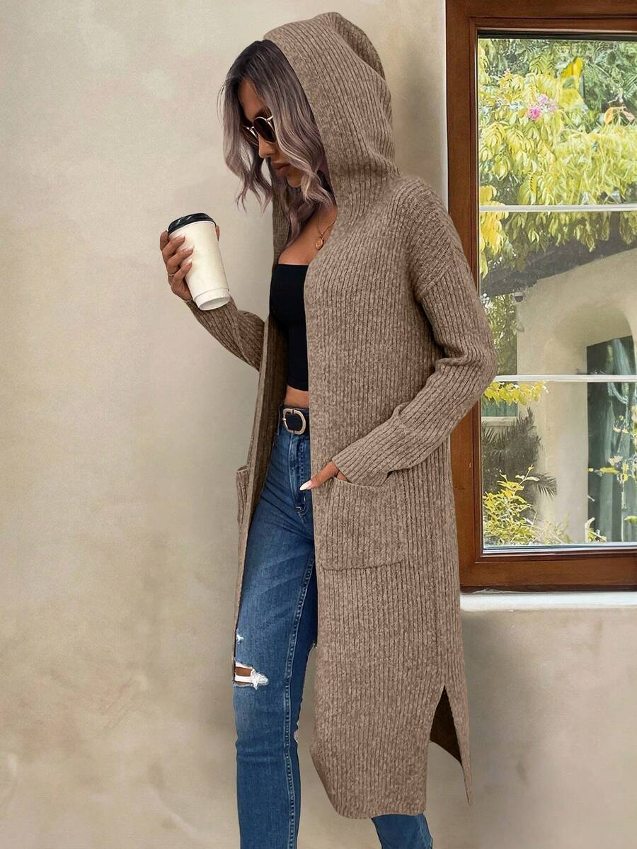 EMERY ROSE Dual Pocket Split Hem Hooded Duster Cardigan,Long Sleeve Tops Fall Winter Cloth For Women - Brown - View 1