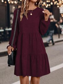 EMERY ROSE Vestido de manga larga con mangas farol de unicolor casual para el otoño - Rojo violeta - Ver 7