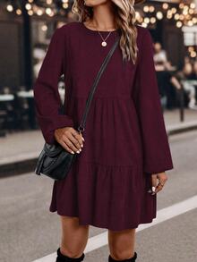 EMERY ROSE Vestido de manga larga con mangas farol de unicolor casual para el otoño - Rojo violeta - Ver 4