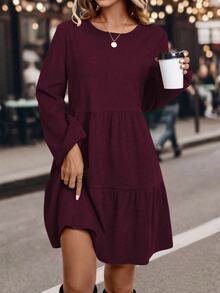 EMERY ROSE Vestido de manga larga con mangas farol de unicolor casual para el otoño - Rojo violeta - Ver 6