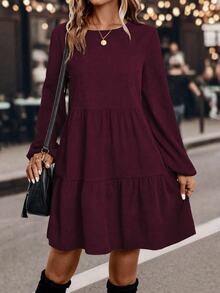 EMERY ROSE Vestido de manga larga con mangas farol de unicolor casual para el otoño - Rojo violeta - Ver 5