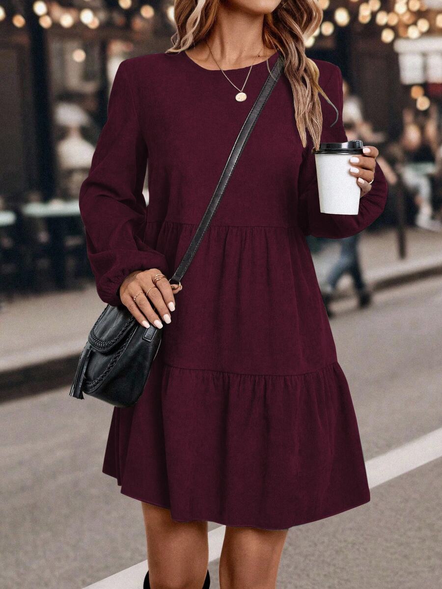 EMERY ROSE Vestido de manga larga con mangas farol de unicolor casual para el otoño - Rojo violeta - Ver 1