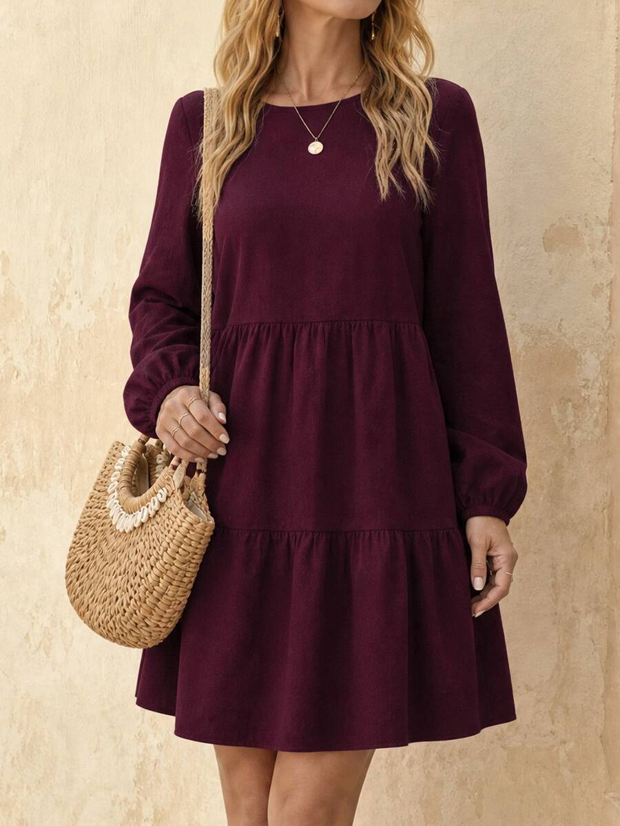 EMERY ROSE Casual Fall Commuter Solid Color Lantern Sleeve Long Sleeve Dress - Red Violet - View 1