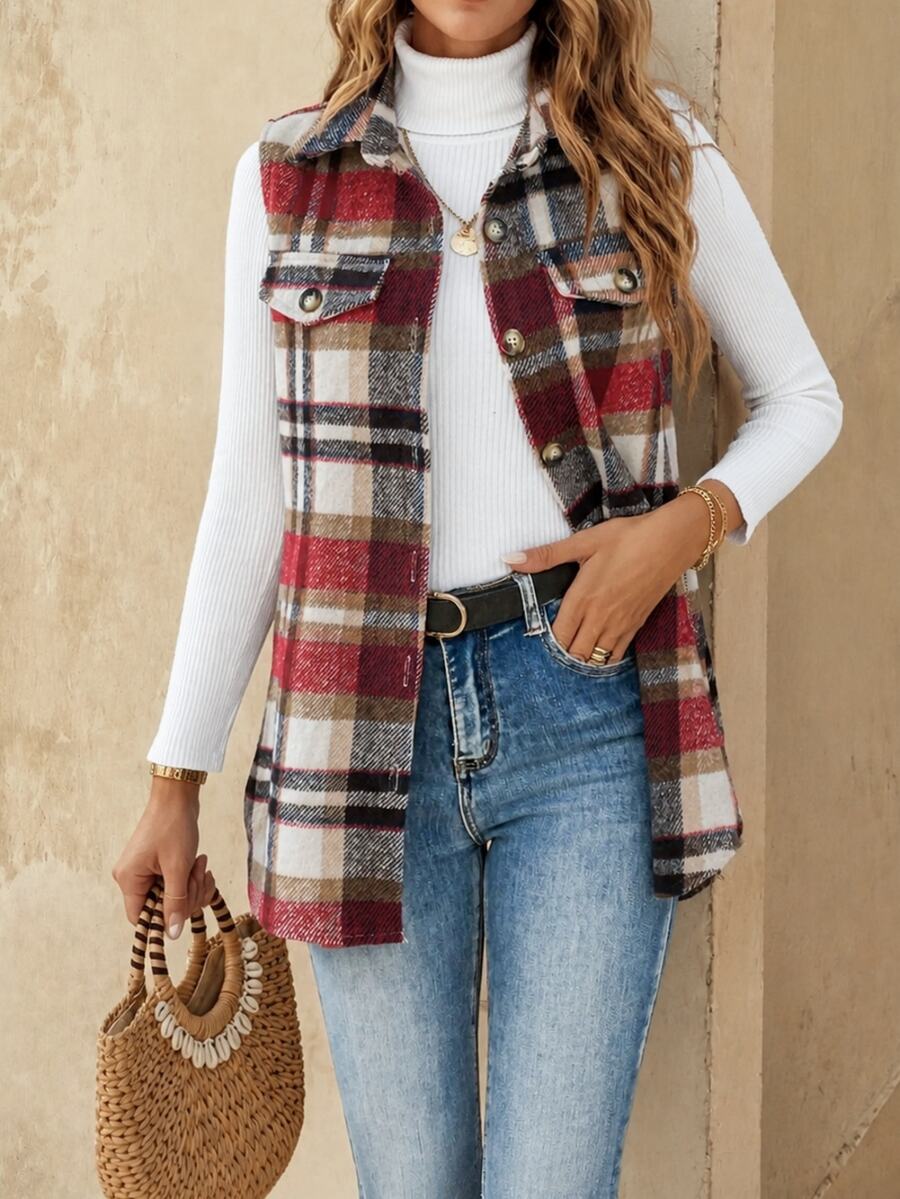 EMERY ROSE Plaid Collar Vest Jacket, Minimalist & Casual For Daily Wear' - Multicolor - View 1